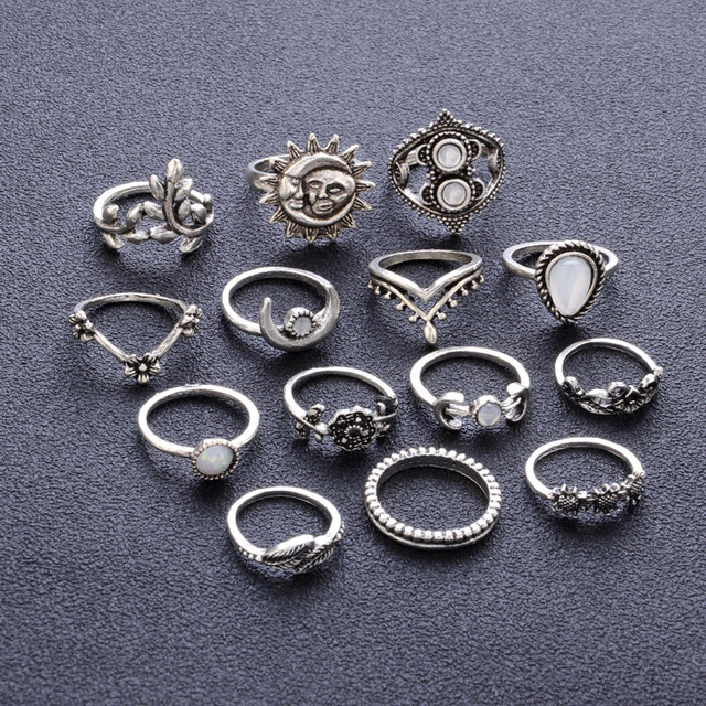 Zestaw 14 sztuk czeskich pierścieni vintage srebrny księżyc liść kwiatu - Wianko - 3