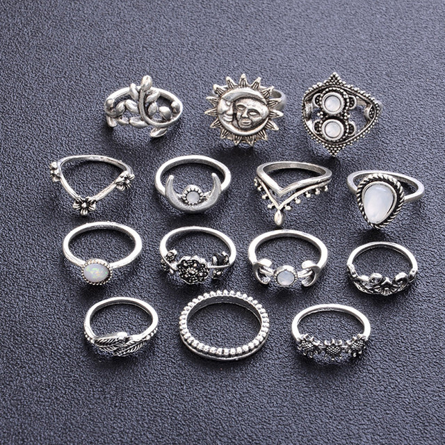 Zestaw 14 sztuk czeskich pierścieni vintage srebrny księżyc liść kwiatu - Wianko - 1