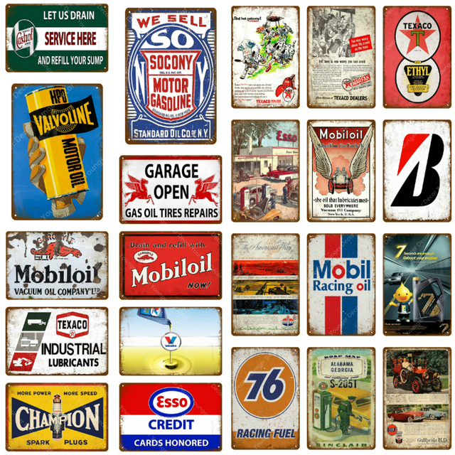 Metalowy obrazek emaliowany z plakietkami klasycznymi dla klubu Pub i garażu - tablica ozdobna na ścianę na temat otwartych garaży, opon, oleju i gazu - Wianko - 1
