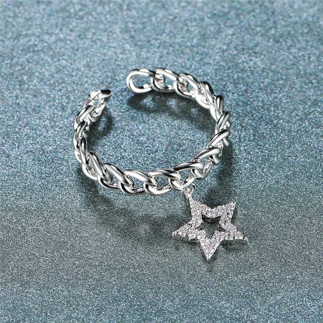 Prosta biżuteria - łańcuszek pierścionek z gwiazdą - 3 kolory, regulowane, otwarte - dla kobiet - Wianko - 3