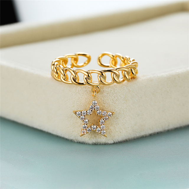 Prosta biżuteria - łańcuszek pierścionek z gwiazdą - 3 kolory, regulowane, otwarte - dla kobiet - Wianko - 7