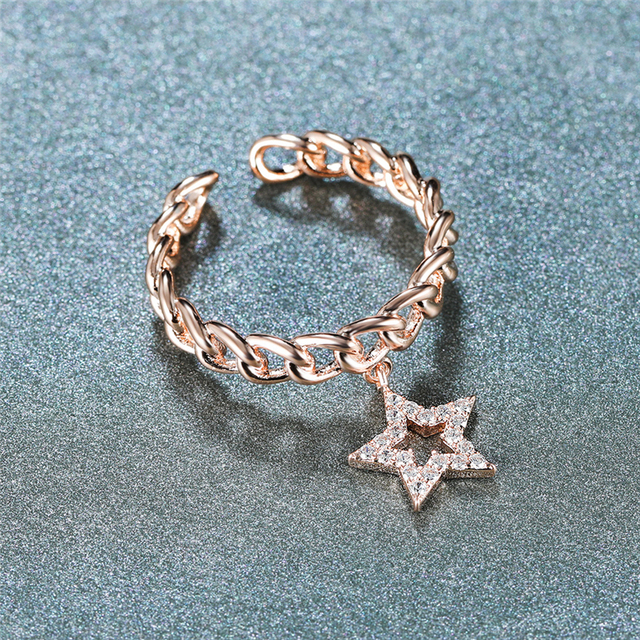 Prosta biżuteria - łańcuszek pierścionek z gwiazdą - 3 kolory, regulowane, otwarte - dla kobiet - Wianko - 4