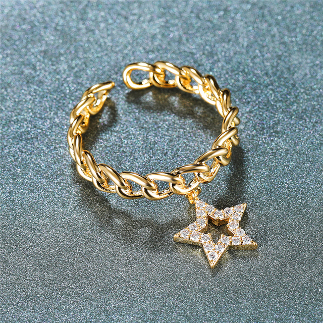Prosta biżuteria - łańcuszek pierścionek z gwiazdą - 3 kolory, regulowane, otwarte - dla kobiet - Wianko - 2