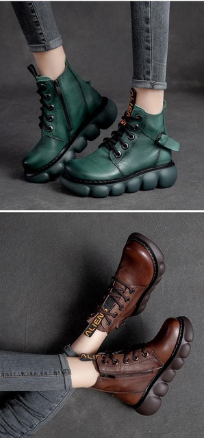 Skórzane krótkie buty damskie Botas platformowe zielono-brązowe - Wianko - 9