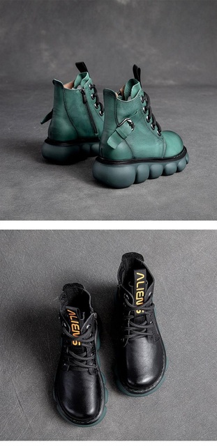 Skórzane krótkie buty damskie Botas platformowe zielono-brązowe - Wianko - 14