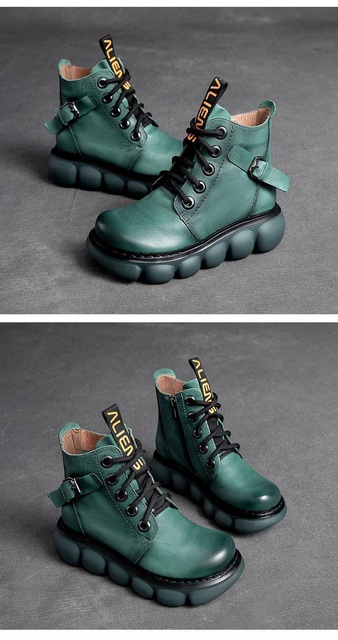 Skórzane krótkie buty damskie Botas platformowe zielono-brązowe - Wianko - 13