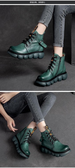 Skórzane krótkie buty damskie Botas platformowe zielono-brązowe - Wianko - 8