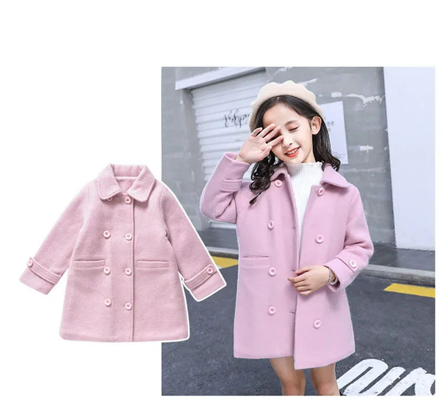 Dziewczęca wełniana kurtka zimowa - koreańska moda 2021, ocieplana, utrzymuje ciepło, podwójne zapięcie na piersi - Wianko - 2