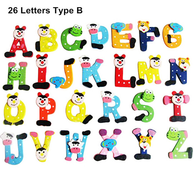 Drewniane litery A-Z i numery 0-9 w formie kolorowych magnesów na lodówkę do nauki alfabetu dla dzieci w motywie kreskówkowym - Wianko - 2