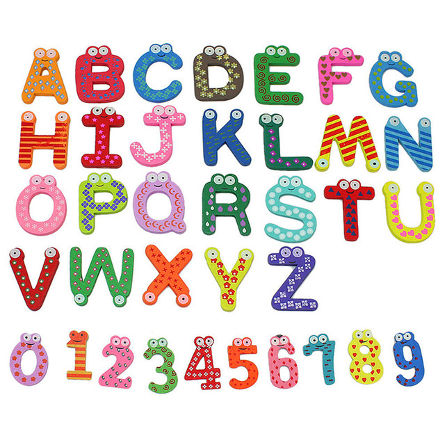 Drewniane litery A-Z i numery 0-9 w formie kolorowych magnesów na lodówkę do nauki alfabetu dla dzieci w motywie kreskówkowym - Wianko - 7