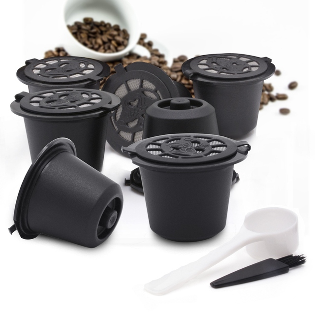 Kapsułka z kawą Nespresso wielokrotnego użytku (1/3/6 szt.) z kubkiem, łyżeczką i szczotką - czarna kapsułka do ponownego napełniania z filtrem do kawy - Wianko - 3
