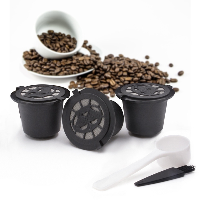 Kapsułka z kawą Nespresso wielokrotnego użytku (1/3/6 szt.) z kubkiem, łyżeczką i szczotką - czarna kapsułka do ponownego napełniania z filtrem do kawy - Wianko - 2
