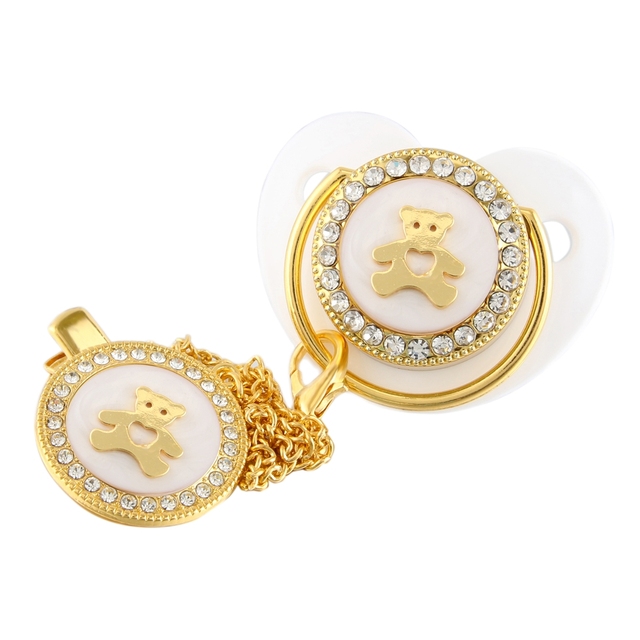Najnowsza luksusowa złota korona z błyszczącym niedźwiedziem smoczek dla niemowląt z klipsem łańcucha - BPA bezpłatny, Chupeta 0-12 miesięcy - Wianko - 17