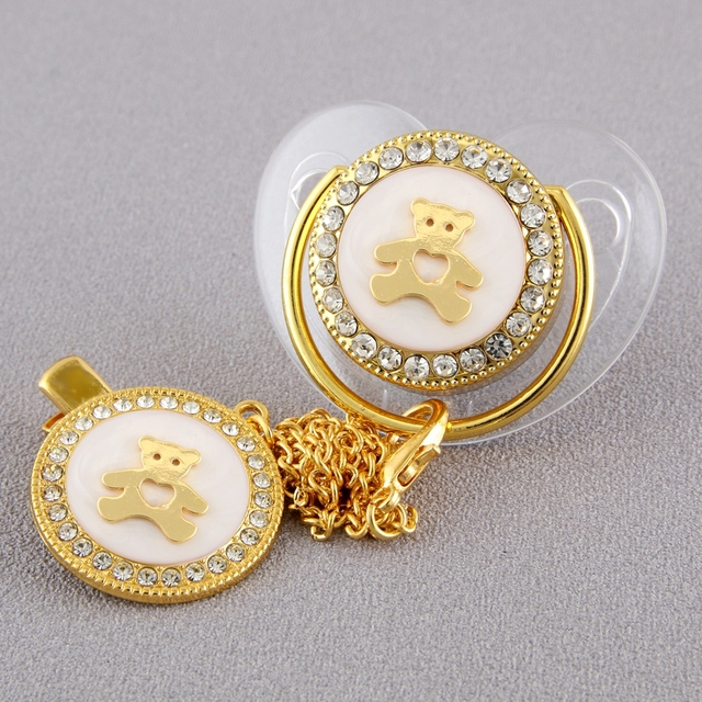 Najnowsza luksusowa złota korona z błyszczącym niedźwiedziem smoczek dla niemowląt z klipsem łańcucha - BPA bezpłatny, Chupeta 0-12 miesięcy - Wianko - 8
