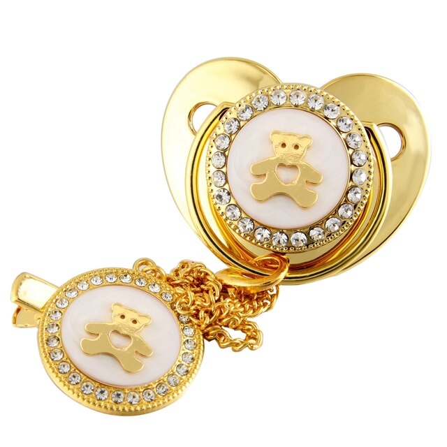 Najnowsza luksusowa złota korona z błyszczącym niedźwiedziem smoczek dla niemowląt z klipsem łańcucha - BPA bezpłatny, Chupeta 0-12 miesięcy - Wianko - 2
