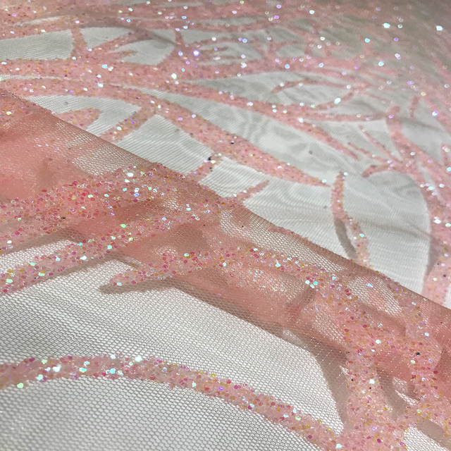 Tiulowa tkanina z afrykańskiej koronki w kolorze różowym, klejona brokatem, 5 jardów - idealna na imprezową sukienkę Indian High Fashion - Wianko - 3