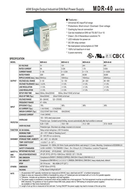 Zasilacz impulsowy MDR-40W, 40W, jedno wyjście 12V/24V typu szyna DIN dla przemysłu LED, AC 110V/220V - Wianko - 1