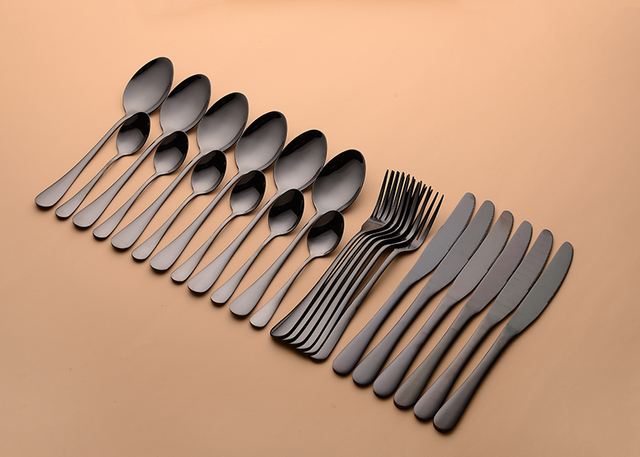 Zestaw obiadowy czarnej zastawy stołowej: 24 sztuki stalowych łyżek, widelców i noży ze stali nierdzewnej Dropshipping 2020 - Wianko - 7
