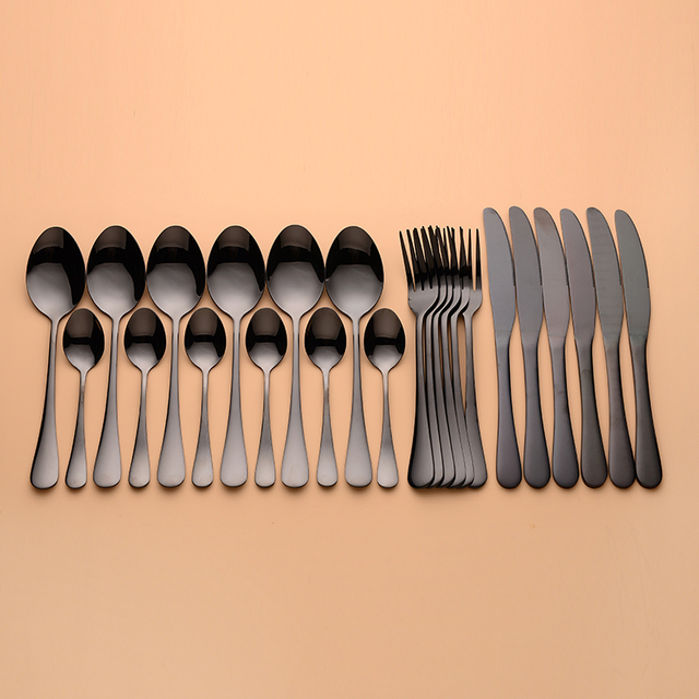Zestaw obiadowy czarnej zastawy stołowej: 24 sztuki stalowych łyżek, widelców i noży ze stali nierdzewnej Dropshipping 2020 - Wianko - 2