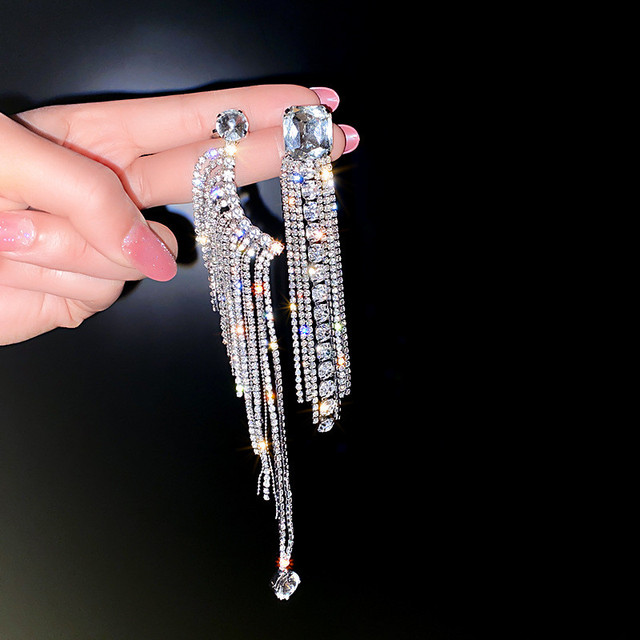 Kolczyki wiszące ze spadającym kryształem górskim, asymetryczne, długie frędzle, idealne na przyjęcie weselne - Wianko - 18