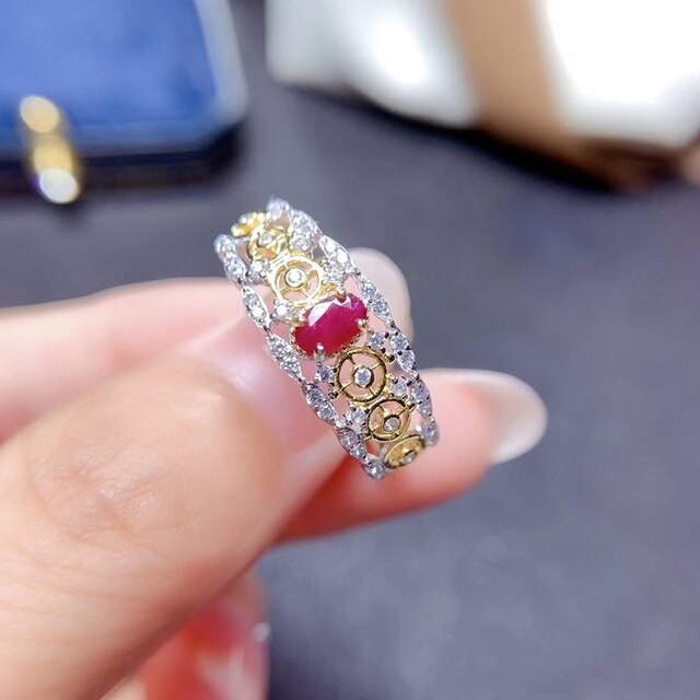 Regulowany pierścień z owalnym naturalnym rubinem (3*5mm) o luksusowym wyglądzie, wykonany ze srebra pr. 925 - idealny prezent na urodziny dla kobiet - Wianko - 6