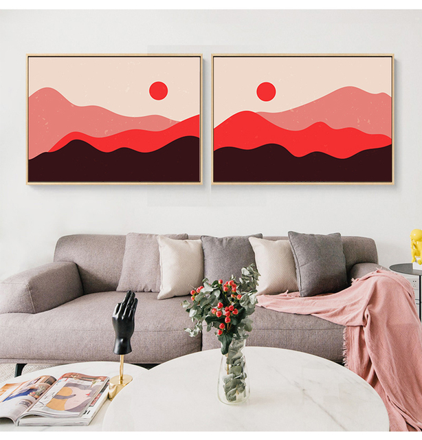 Obraz na płótnie - Abstrakcyjne czerwone słońce z górami - Geometria - Nordic - Dekoracja domu - Malarstwo i kaligrafia - Wianko - 6