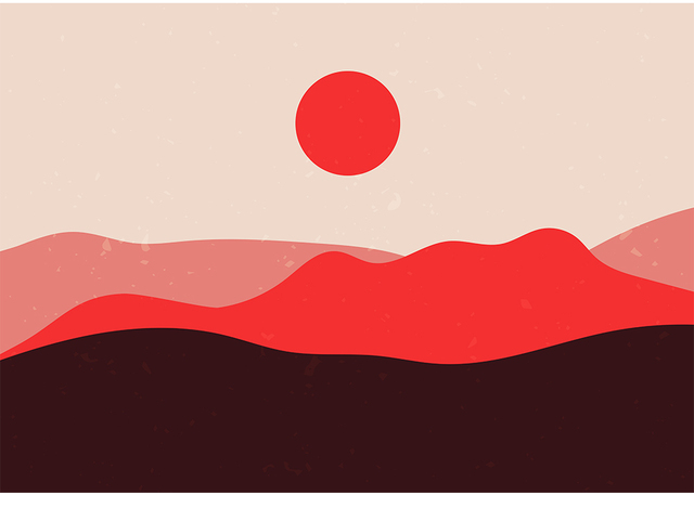 Obraz na płótnie - Abstrakcyjne czerwone słońce z górami - Geometria - Nordic - Dekoracja domu - Malarstwo i kaligrafia - Wianko - 9