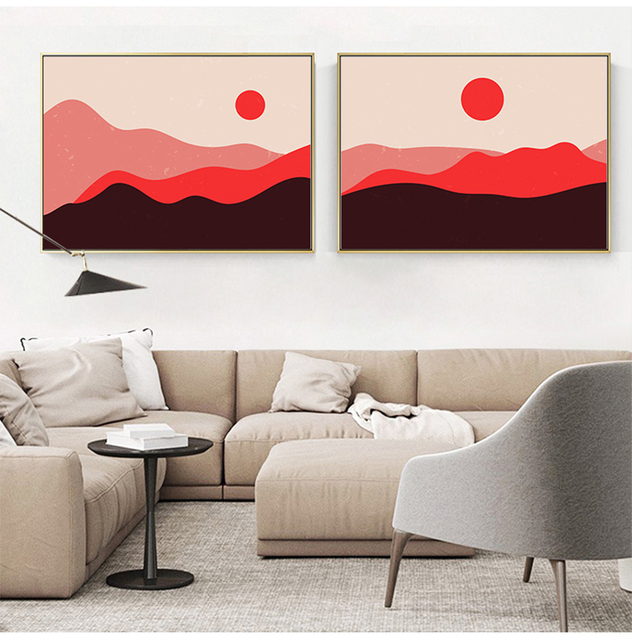 Obraz na płótnie - Abstrakcyjne czerwone słońce z górami - Geometria - Nordic - Dekoracja domu - Malarstwo i kaligrafia - Wianko - 7