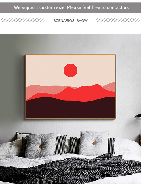 Obraz na płótnie - Abstrakcyjne czerwone słońce z górami - Geometria - Nordic - Dekoracja domu - Malarstwo i kaligrafia - Wianko - 4