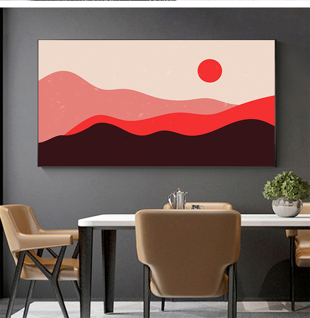 Obraz na płótnie - Abstrakcyjne czerwone słońce z górami - Geometria - Nordic - Dekoracja domu - Malarstwo i kaligrafia - Wianko - 5