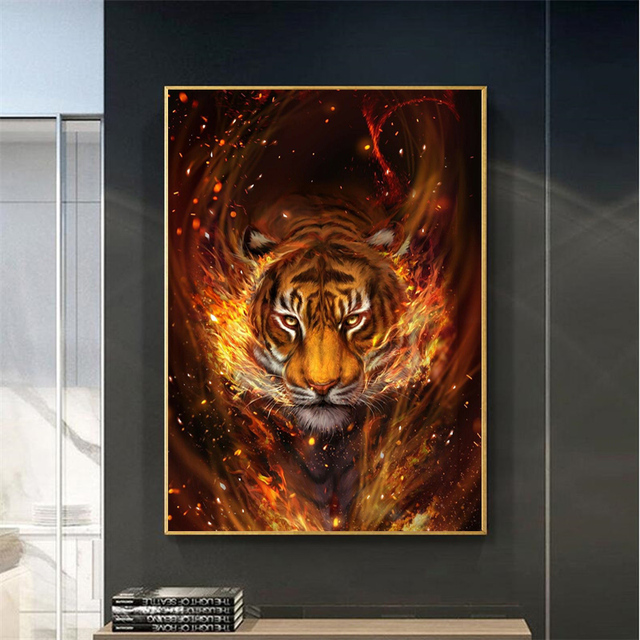 Nowoczesne płótno artystyczne zwierząt - malarstwo abstrakcyjne, tygrys, ogień - plakaty i druki obrazy na ścianę salonu, dekoracja wnętrza - Wianko - 3