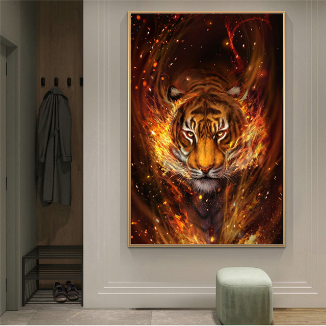 Nowoczesne płótno artystyczne zwierząt - malarstwo abstrakcyjne, tygrys, ogień - plakaty i druki obrazy na ścianę salonu, dekoracja wnętrza - Wianko - 5