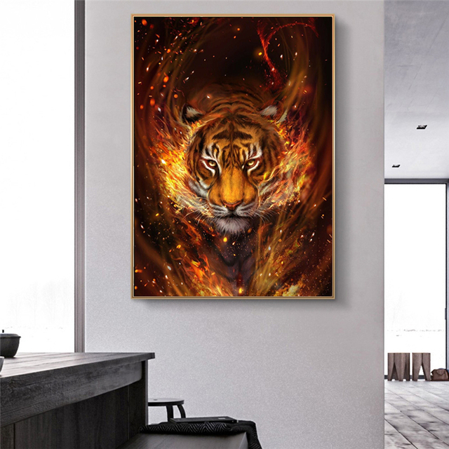 Nowoczesne płótno artystyczne zwierząt - malarstwo abstrakcyjne, tygrys, ogień - plakaty i druki obrazy na ścianę salonu, dekoracja wnętrza - Wianko - 6