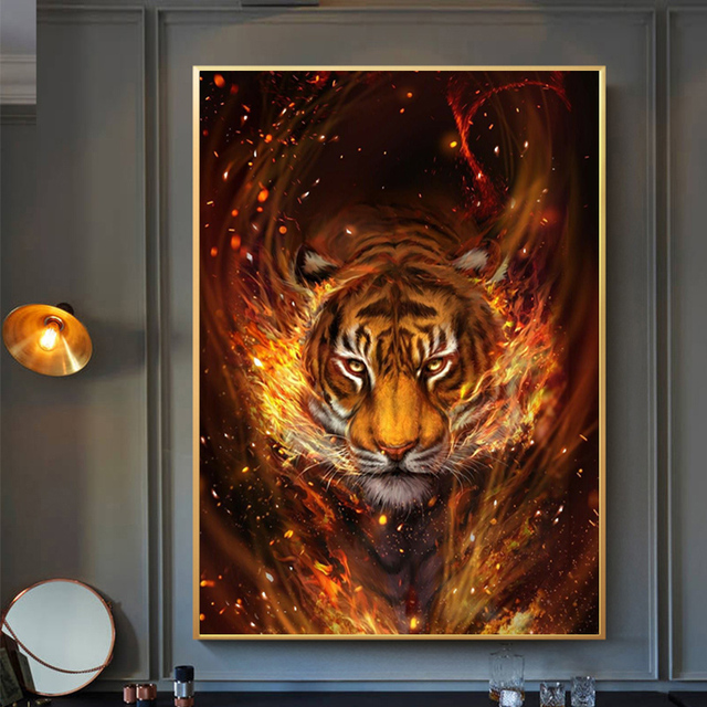 Nowoczesne płótno artystyczne zwierząt - malarstwo abstrakcyjne, tygrys, ogień - plakaty i druki obrazy na ścianę salonu, dekoracja wnętrza - Wianko - 4