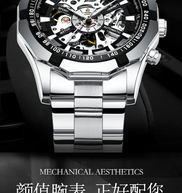 Męski zegarek mechaniczny sportowy automatyczny stalowy pasek, wodoodporny, biznesowy - Wianko - 6