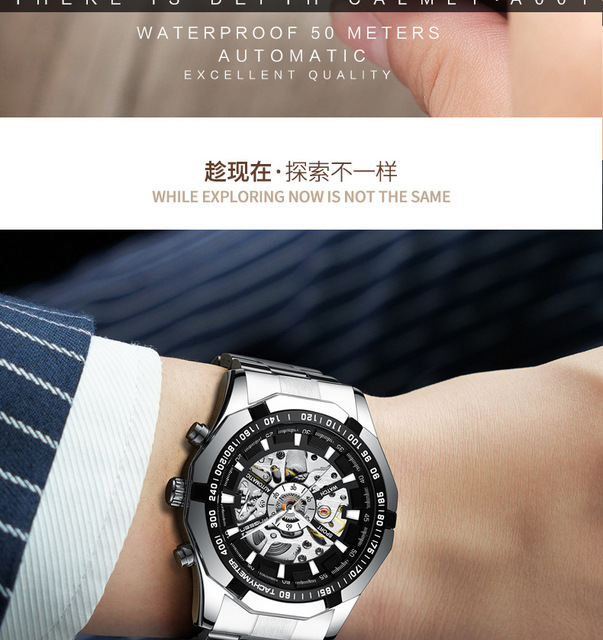 Męski zegarek mechaniczny sportowy automatyczny stalowy pasek, wodoodporny, biznesowy - Wianko - 3