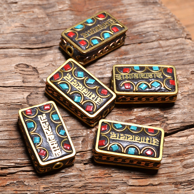 Biżuteria ręcznie robiona - Tybetański styl koralików Mosiądz z syntetycznym koralikiem z kamieniem z Turcji z Mantrą sześcio-słowową - Robienie biżuterii - Wianko - 6