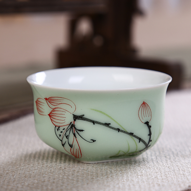 Zestaw 4 filiżanek chińskich, ręcznie malowanych liśćmi lotosu herbaty - ceramiczne naczynia do herbaty - Wianko - 5