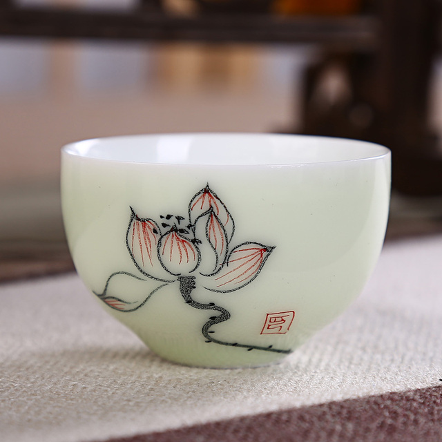 Zestaw 4 filiżanek chińskich, ręcznie malowanych liśćmi lotosu herbaty - ceramiczne naczynia do herbaty - Wianko - 4