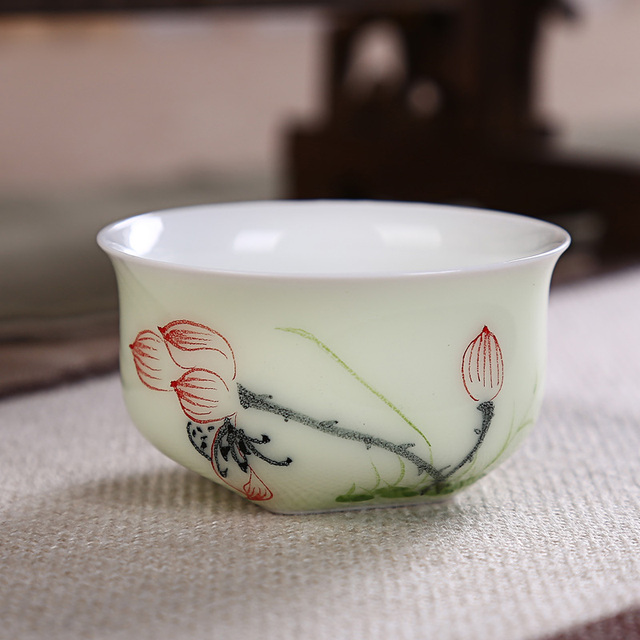 Zestaw 4 filiżanek chińskich, ręcznie malowanych liśćmi lotosu herbaty - ceramiczne naczynia do herbaty - Wianko - 6