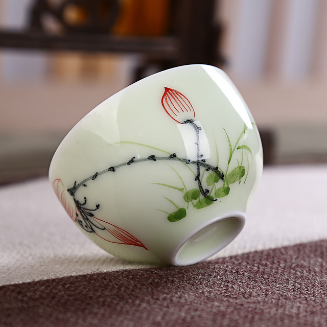 Zestaw 4 filiżanek chińskich, ręcznie malowanych liśćmi lotosu herbaty - ceramiczne naczynia do herbaty - Wianko - 2
