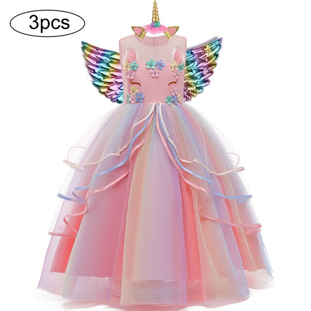 Długa Sukienka Christmas Girl jednorożec Rainbow Flower Girl księżniczka Lucky Baby dziewczęca urodzinowa zestaw 3-12 lat - Wianko - 5