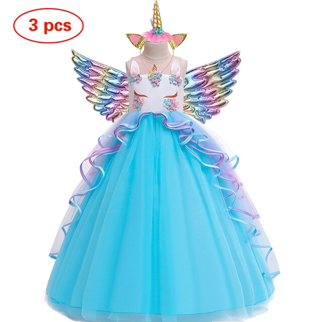 Długa Sukienka Christmas Girl jednorożec Rainbow Flower Girl księżniczka Lucky Baby dziewczęca urodzinowa zestaw 3-12 lat - Wianko - 14