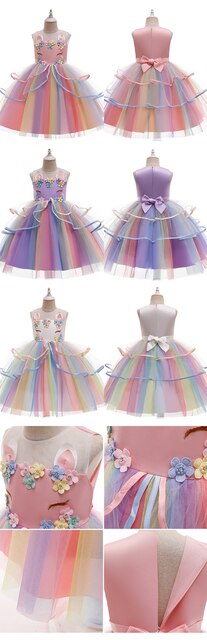 Długa Sukienka Christmas Girl jednorożec Rainbow Flower Girl księżniczka Lucky Baby dziewczęca urodzinowa zestaw 3-12 lat - Wianko - 39