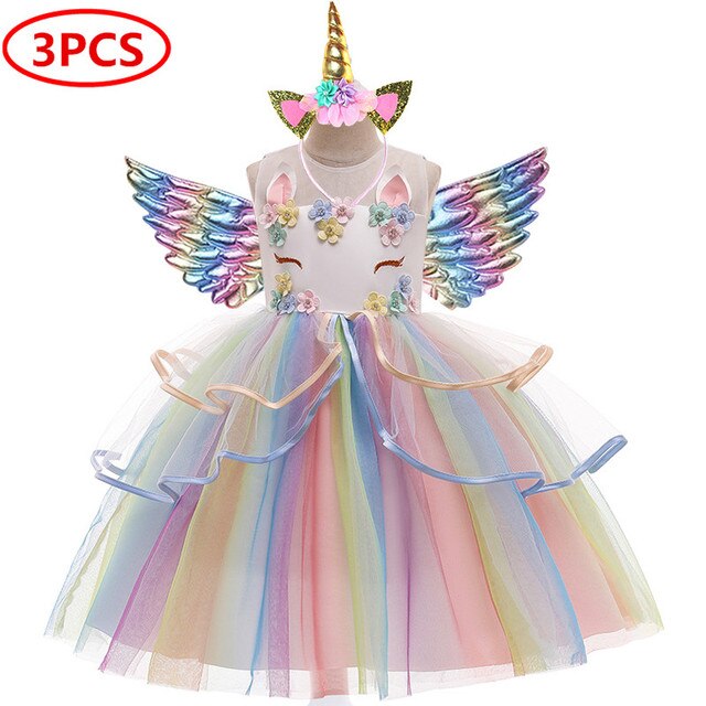 Długa Sukienka Christmas Girl jednorożec Rainbow Flower Girl księżniczka Lucky Baby dziewczęca urodzinowa zestaw 3-12 lat - Wianko - 36