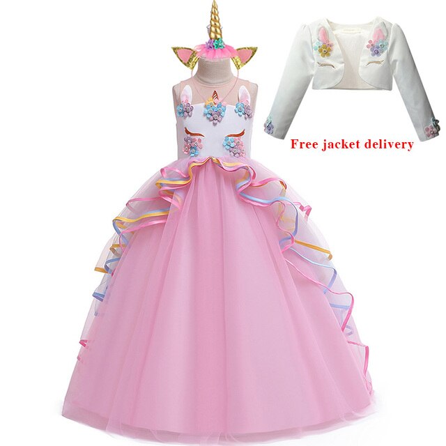 Długa Sukienka Christmas Girl jednorożec Rainbow Flower Girl księżniczka Lucky Baby dziewczęca urodzinowa zestaw 3-12 lat - Wianko - 12
