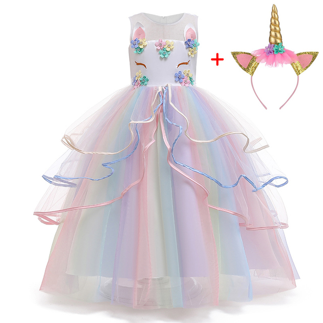 Długa Sukienka Christmas Girl jednorożec Rainbow Flower Girl księżniczka Lucky Baby dziewczęca urodzinowa zestaw 3-12 lat - Wianko - 26