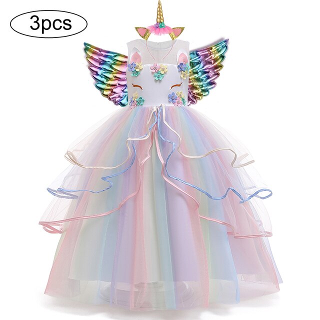 Długa Sukienka Christmas Girl jednorożec Rainbow Flower Girl księżniczka Lucky Baby dziewczęca urodzinowa zestaw 3-12 lat - Wianko - 6