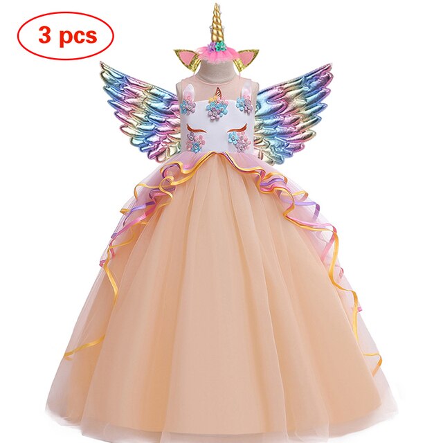 Długa Sukienka Christmas Girl jednorożec Rainbow Flower Girl księżniczka Lucky Baby dziewczęca urodzinowa zestaw 3-12 lat - Wianko - 15