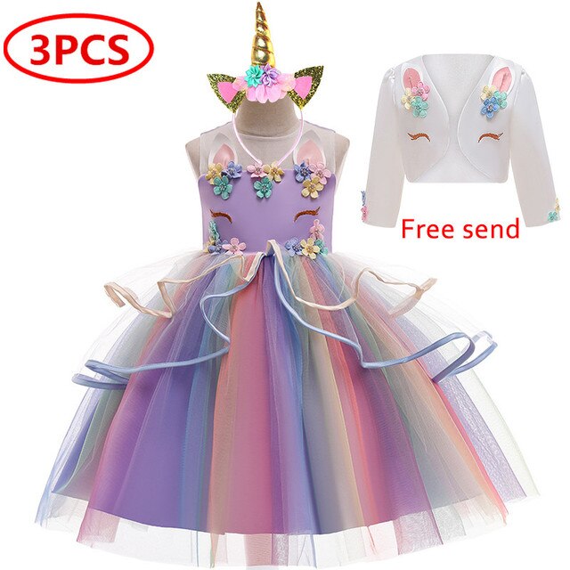 Długa Sukienka Christmas Girl jednorożec Rainbow Flower Girl księżniczka Lucky Baby dziewczęca urodzinowa zestaw 3-12 lat - Wianko - 38